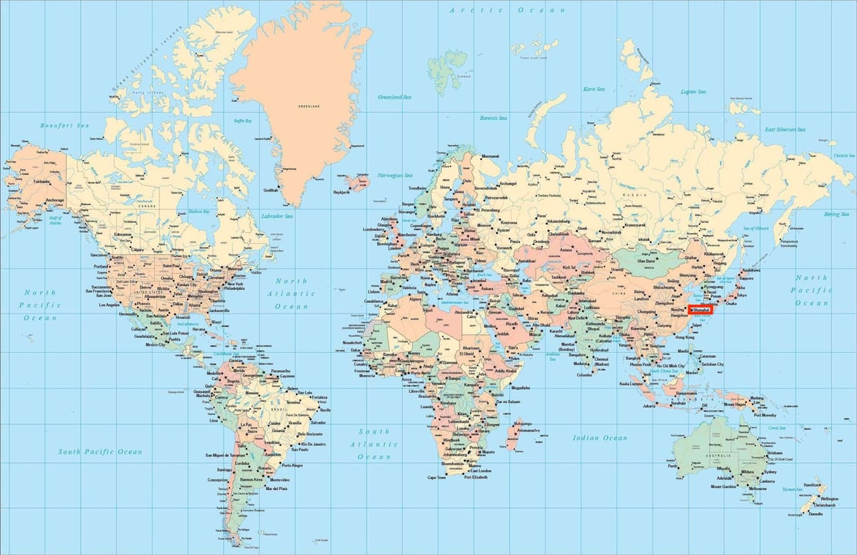 世界地図上の上海の位置